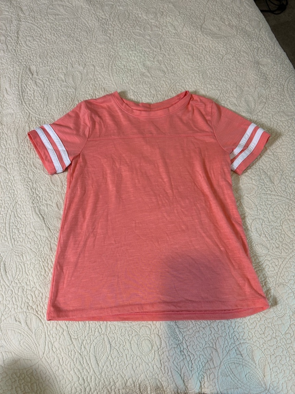 SO Coral Short Sleeve Tee with White Sleeve Stripes